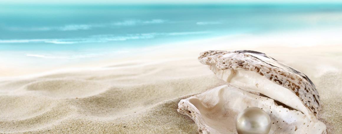Eine Muschel liegt in hellem Sand auf einem Strand. Im Hintergrund türkises Meer. In ihr liegt eine große Perle