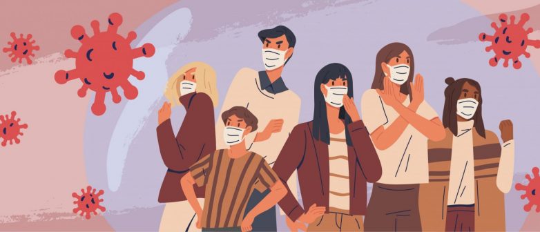 Illustration: eine Gruppe Personen steht mit Gesichtsmasken zusammen und wehrt Coronaviren ab