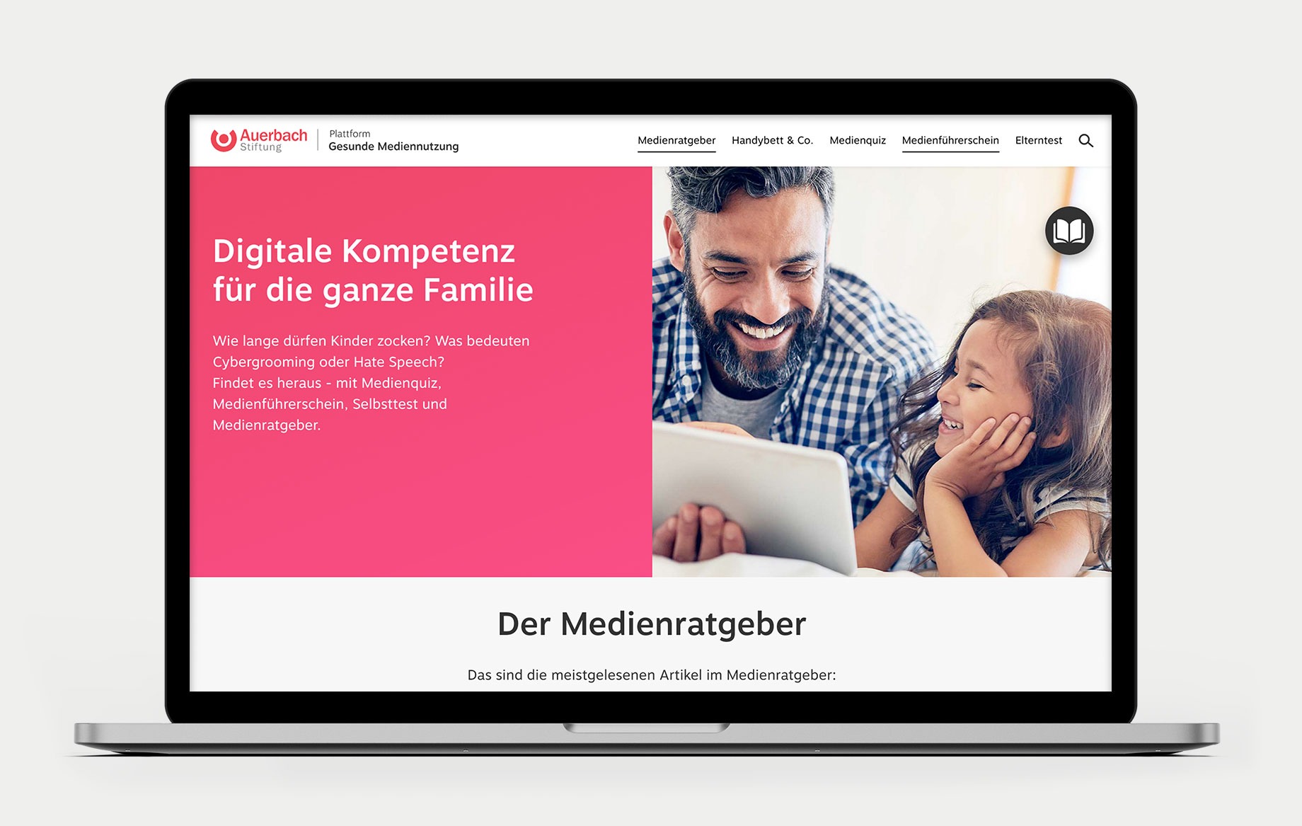 Die Startseite der Plattform „Gesunde Mediennutzung“: klar und übersichtlich gegliedert, in der prägnanten Farbe der Auerbach Stiftung.