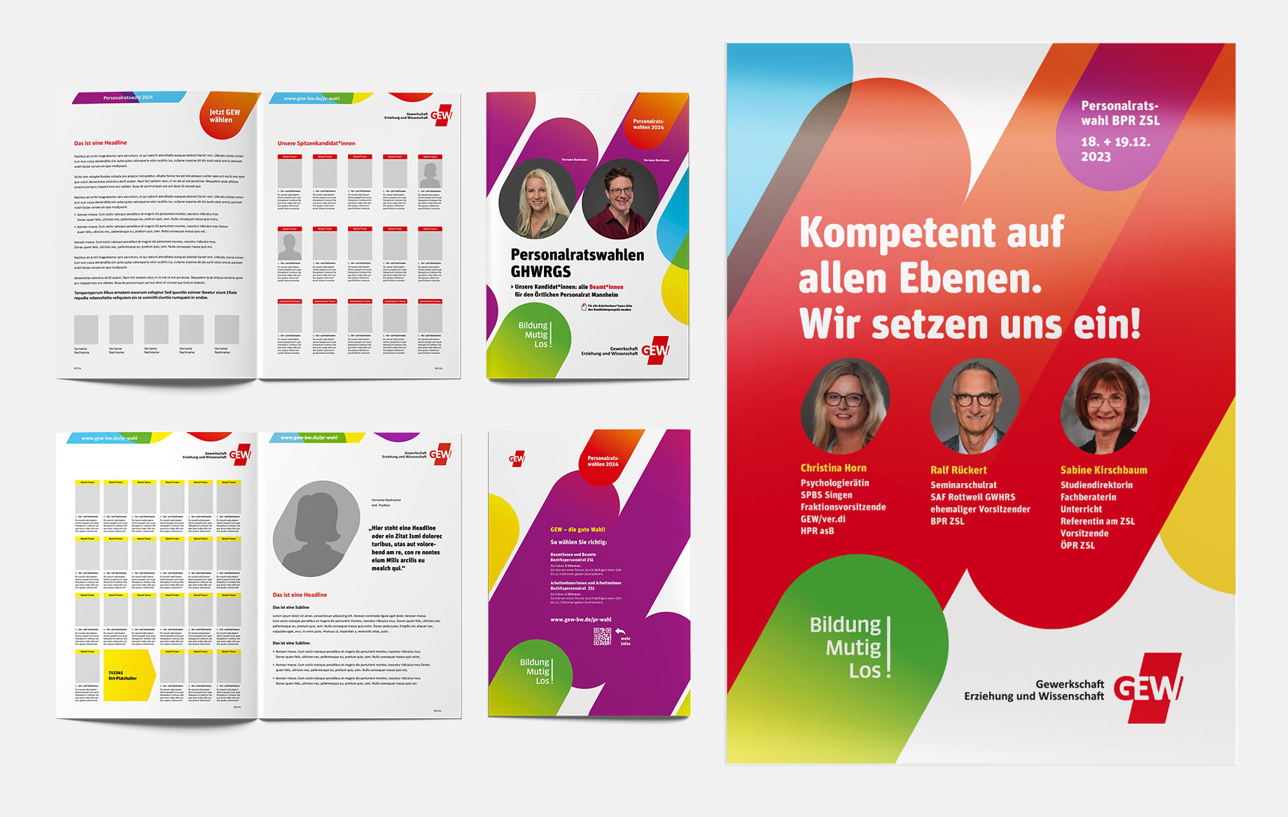 Mit den Vorlagen für Prospekte und Plakate gestalteten die GEW-Kandidat*innen zusätzlich ihre individuellen Materialien.